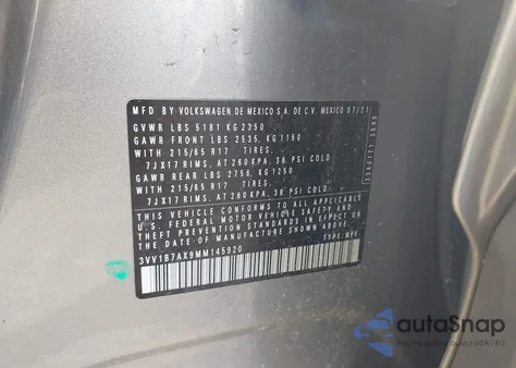 2021 Volkswagen Tiguan 2.0T S z USA, uszkodzony, nr VIN 3VV1B7AX9MM145920